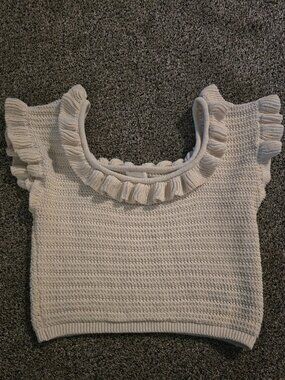 H&M Cream Flounce Crochet Knit Crop Top Flutter Sleeve Boho Cottagecore Sz L EUC